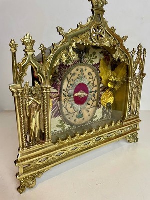 Reliquary - Relic Saint Nicholas Of Tolentino style Gothic - style en Brass / Bronze / Wax Sealed, Spain 19 th century