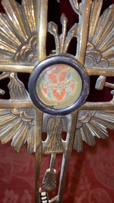 Reliquary - Relic True Cross  style Gothic - Style en Bronze / Glass / Wax Seal, Belgium 19th century ( anno 1875 )