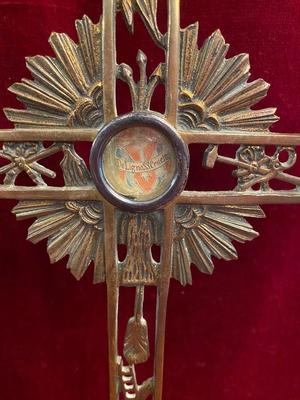 Reliquary - Relic True Cross  style Gothic - Style en Bronze / Glass / Wax Seal, Belgium 19th century ( anno 1875 )