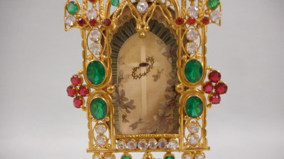 Reliquary - Relic True Cross  style Gothic - style en Brass / Gilt / Stones / Wax Seal, France 19 th century