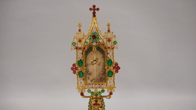 Reliquary - Relic True Cross  style Gothic - style en Brass / Gilt / Stones / Wax Seal, France 19 th century