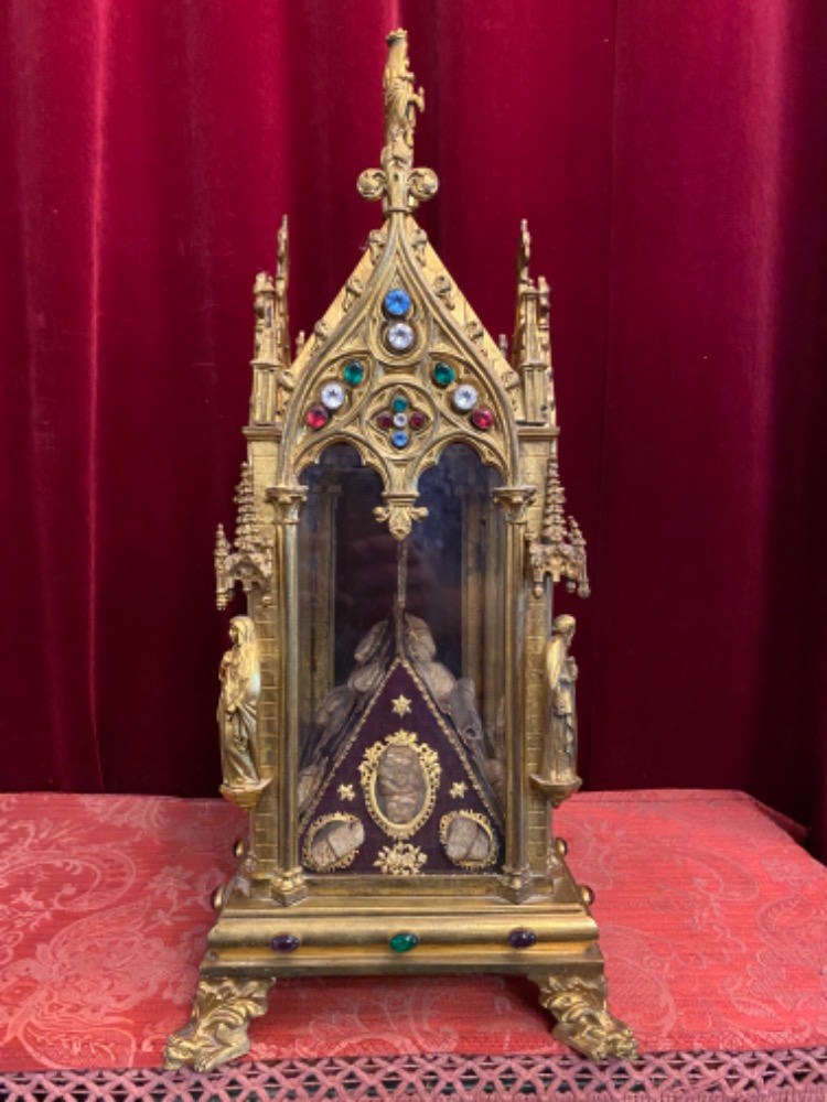 1 Gothic - style Reliquary - Relics Ex Ossibus St. Gregorius Priest. St. Citus Deacon. St. Brose Priest. With Original Documents