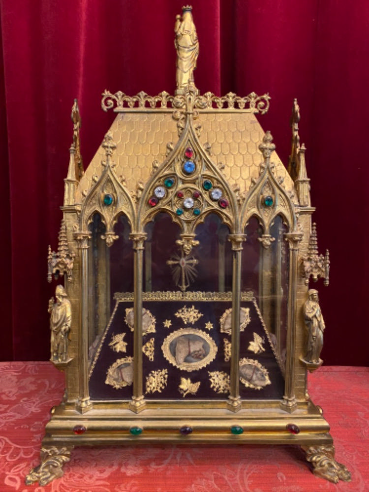 1 Gothic - style Reliquary - Relics Ex Ossibus St. Gregorius Priest. St. Citus Deacon. St. Brose Priest. With Original Documents
