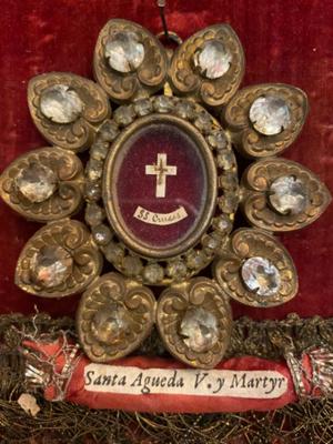 Reliquary Relics Of The True Cross And Ex Ossibus St. Agatha No Documents style Gothic - style en Bronze / Gilt / Glass / Stones / Fabrics / Wax Seal, Spain 19 th century ( Anno 1875 )