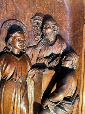 Representation : Jesus Teaches In The Temple  style Gothic - Style en Fully  Hand - Carved Oak / Framed, Belgium  19 th century ( Anno 1865 )