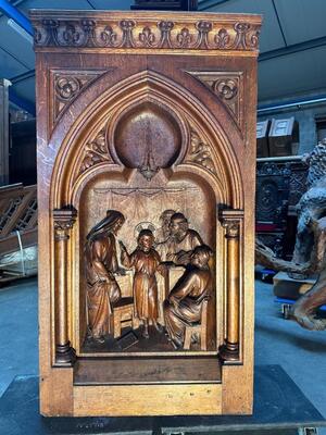 Representation : Jesus Teaches In The Temple  style Gothic - Style en Fully  Hand - Carved Oak / Framed, Belgium  19 th century ( Anno 1865 )