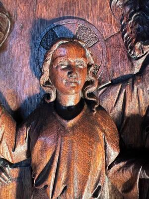 Representation : Jesus Teaches In The Temple  style Gothic - Style en Fully  Hand - Carved Oak / Framed, Belgium  19 th century ( Anno 1865 )