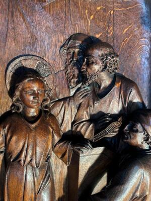 Representation : Jesus Teaches In The Temple  style Gothic - Style en Fully  Hand - Carved Oak / Framed, Belgium  19 th century ( Anno 1865 )
