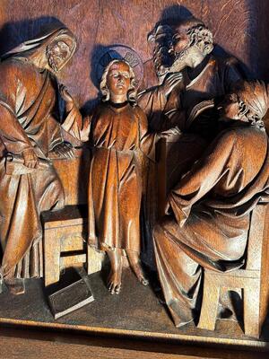 Representation : Jesus Teaches In The Temple  style Gothic - Style en Fully  Hand - Carved Oak / Framed, Belgium  19 th century ( Anno 1865 )