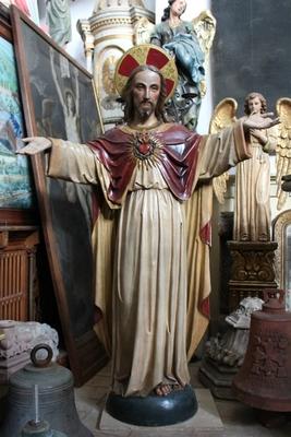 Sacred Heart Statue style Gothic - style en Terra-Cotta polychrome, Belgium 19th century (1885)
