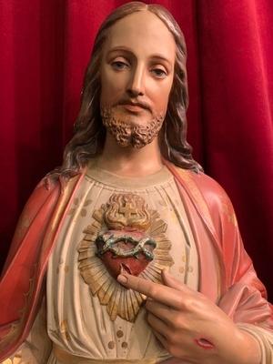 Sacred Heart Statue. Signed: Raffl Paris style Gothic - style en plaster polychrome, Paris France 19th century ( anno 1890 )