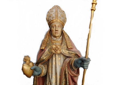 St. Augustin Statue style Gothic - Style en Hand - Carved Wood Polychrome, Belgium 19th century ( anno 1865 )