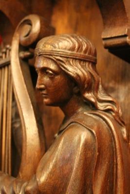 St. Cecilia Statue style Gothic - style en hand-carved wood Oak, Dutch 19th century ( anno 1870 )