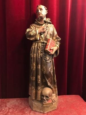 St. Franciscus Statue style Gothic - style en Terra-Cotta polychrome, France 19th century ( anno 1875 )