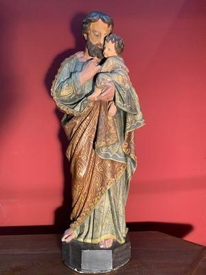 St Joseph Statue style Gothic - style en Terra-Cotta Polychrome, France 19th century ( anno 1875 )