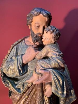 St Joseph Statue style Gothic - style en Terra-Cotta Polychrome, France 19th century ( anno 1875 )