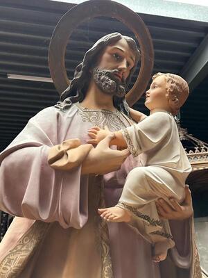 St. Joseph Statue  style Gothic - Style en Plaster polychrome / Glass Eyes , Soain 19 th century