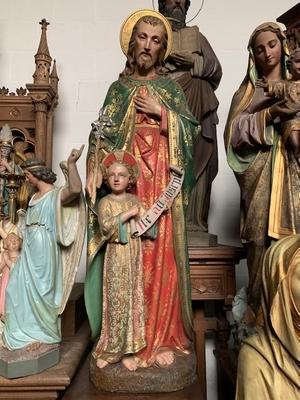 St. Joseph Statue style Gothic - style en Terra-Cotta polychrome, Belgium 19th century ( anno 1890 )