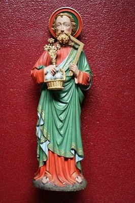 St. Joseph Statue style Gothic - Style en Plaster polychrome, Belgium  19 th century ( Anno 1867 )