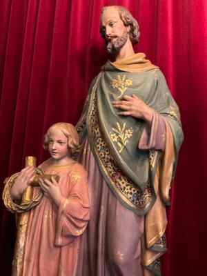 St. Joseph Statue Signed: Parentani style Gothic - Style en Plaster polychrome, bruxelles - Belgium  19 th century ( Anno 1885 )