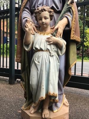 St. Joseph Statue With Child style Gothic - style en Terra-Cotta polychrome, France 19th century ( anno 1875 )