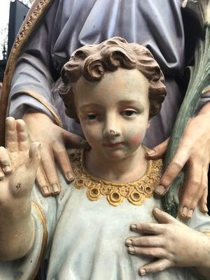 St. Joseph Statue With Child style Gothic - style en Terra-Cotta polychrome, France 19th century ( anno 1875 )