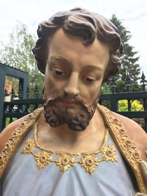 St. Joseph Statue With Child style Gothic - style en Terra-Cotta polychrome, France 19th century ( anno 1875 )