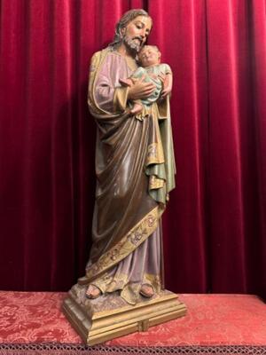 St. Joseph With Child Statue style Gothic - Style en Wood Polychrome, France 19 th century ( Anno 1865 )