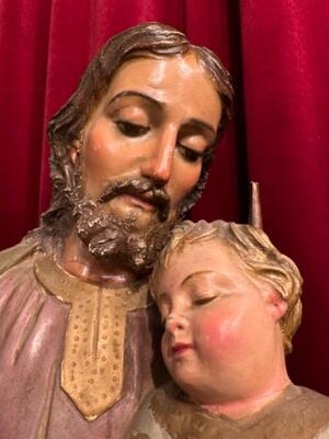 St. Joseph With Child Statue style Gothic - Style en Wood Polychrome, France 19 th century ( Anno 1865 )