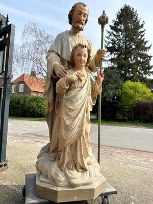 St. Joseph With Child Statue style Gothic - Style en Plaster polychrome, Belgium  19 th century ( Anno 1885 )