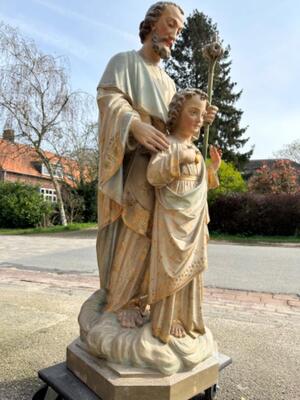 St. Joseph With Child Statue style Gothic - Style en Plaster polychrome, Belgium  19 th century ( Anno 1885 )