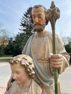 St. Joseph With Child Statue style Gothic - Style en Plaster polychrome, Belgium  19 th century ( Anno 1885 )