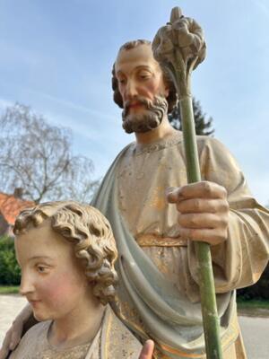 St. Joseph With Child Statue style Gothic - Style en Plaster polychrome, Belgium  19 th century ( Anno 1885 )