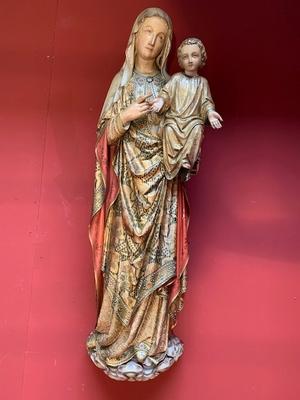 St. Mary & Child Wall - Sculpture style Gothic - style en hand-carved wood polychrome, Belgium 19th century ( anno 1865 )