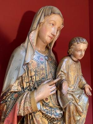 St. Mary & Child Wall - Sculpture style Gothic - style en hand-carved wood polychrome, Belgium 19th century ( anno 1865 )