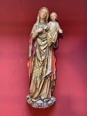 St. Mary & Child Wall - Sculpture style Gothic - style en hand-carved wood polychrome, Belgium 19th century ( anno 1865 )