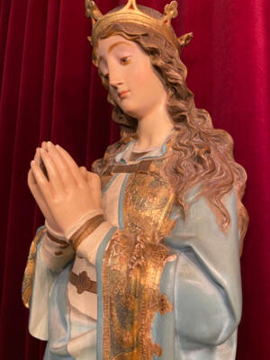 St. Mary Statue By: El Arte Christiano, Olot Spain style Gothic - style en Hand - Carved Wood , Olot Spain 19 th century ( Anno 1880 )