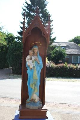 St. Mary Statue With Chapel For Sale Separate Height Statue 135 Cm style Gothic - style en Oak wood / Terra - Cotta polychrome, France 19th century (anno 1870 )