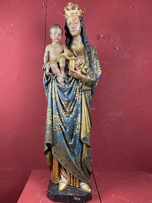 St. Mary With Child style Gothic - Style en Hand - Carved Wood Polychrome, Belgium 19th century ( anno 1870 )