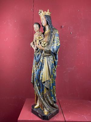 St. Mary With Child style Gothic - Style en Hand - Carved Wood Polychrome, Belgium 19th century ( anno 1870 )