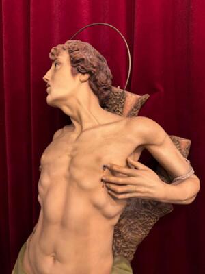 St. Sebastian Statue style Gothic - Style en Plaster polychrome / Glass Eyes , France 19 th century