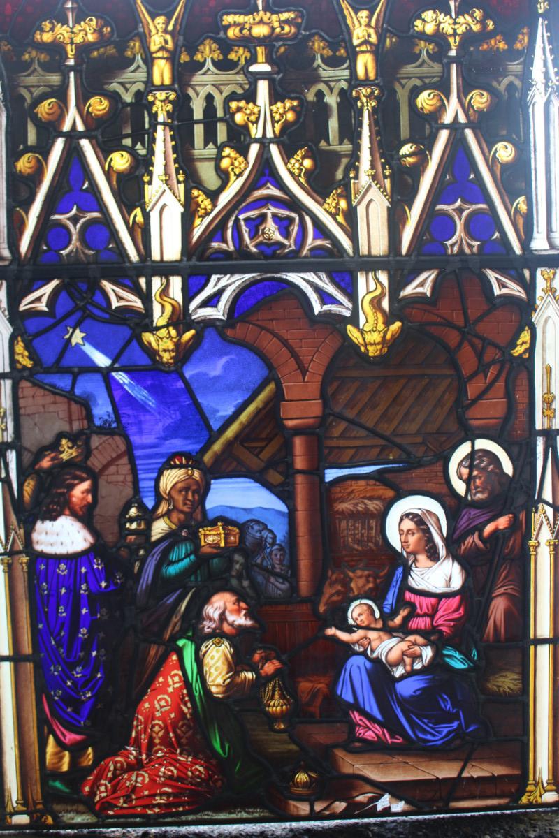 1 Gothic - style Stained Glass Window. Nativity Scene.