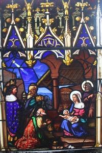 Stained Glass Window. Nativity Scene. style Gothic - style en glass, Belgium 19th century