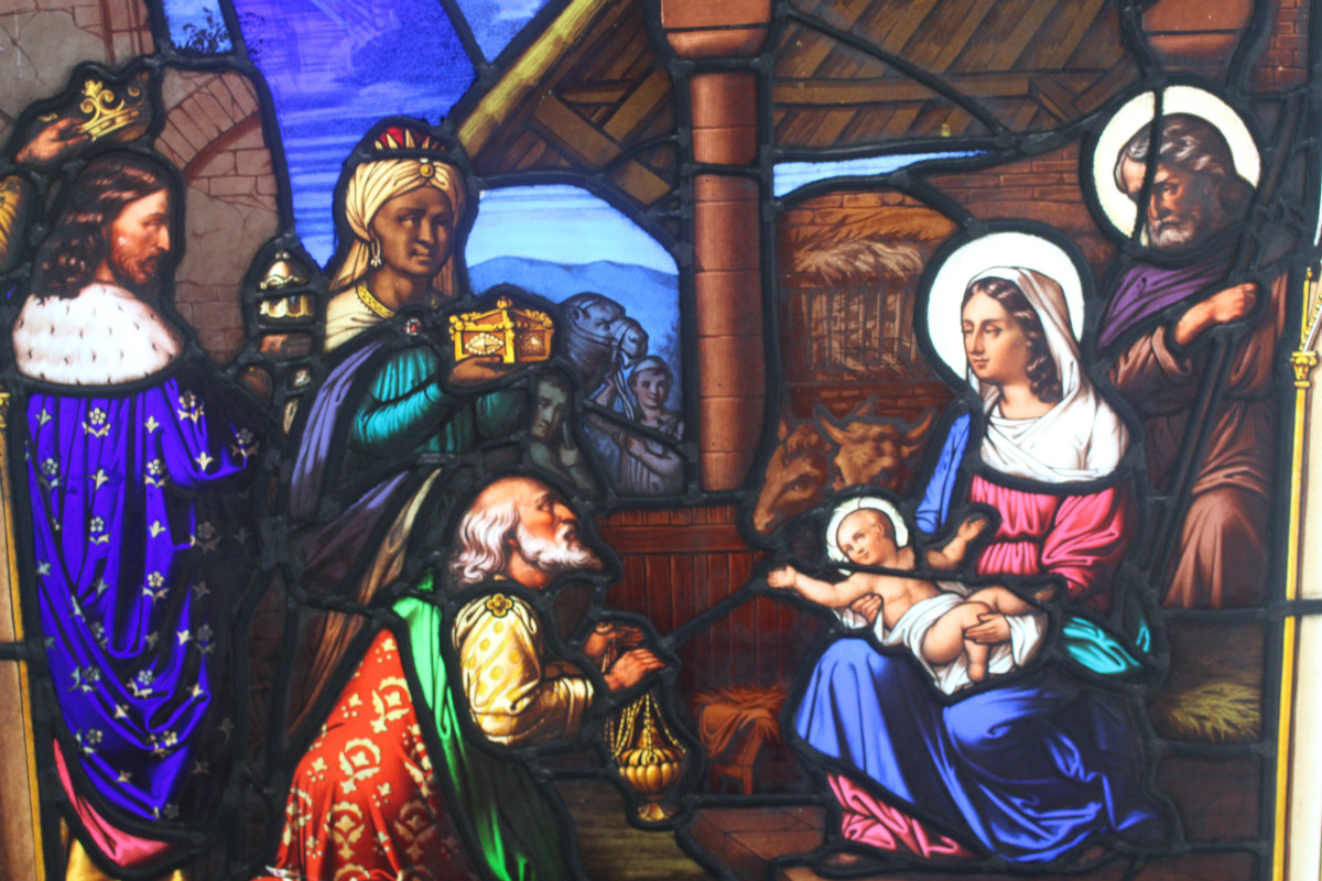 1 Gothic - style Stained Glass Window. Nativity Scene.