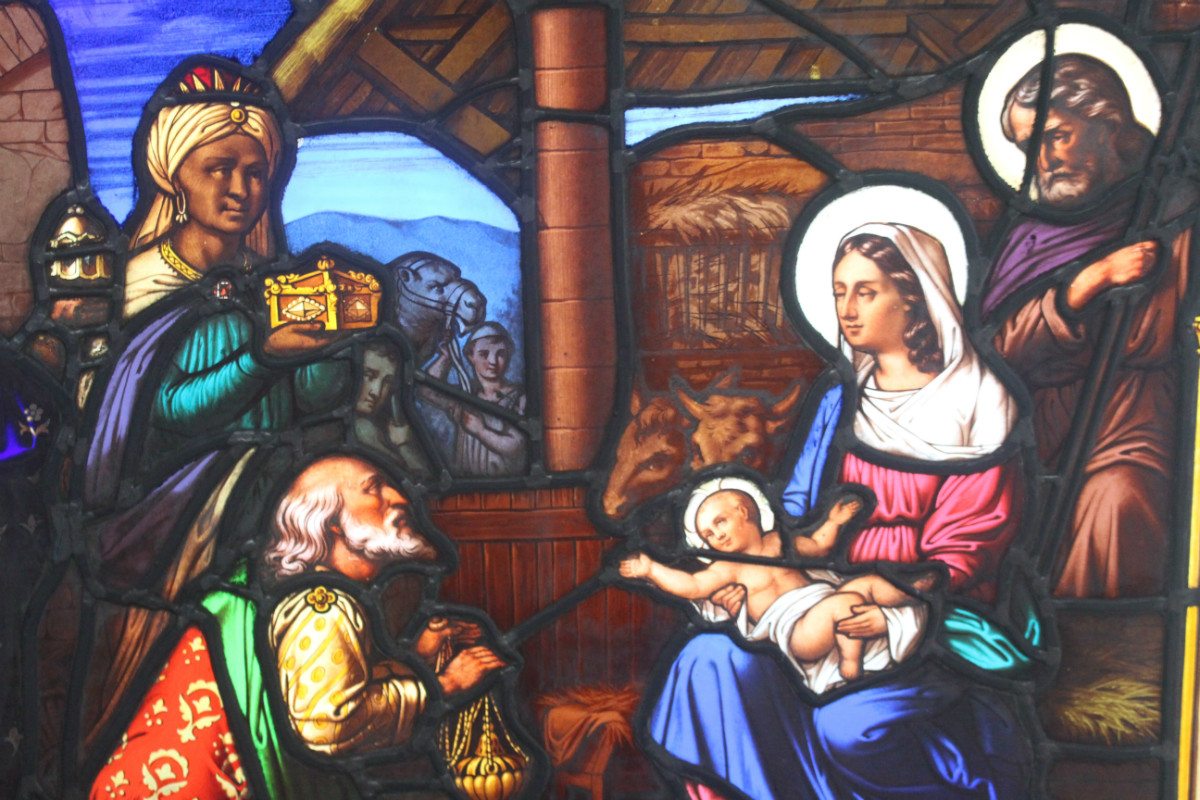 1 Gothic - style Stained Glass Window. Nativity Scene.