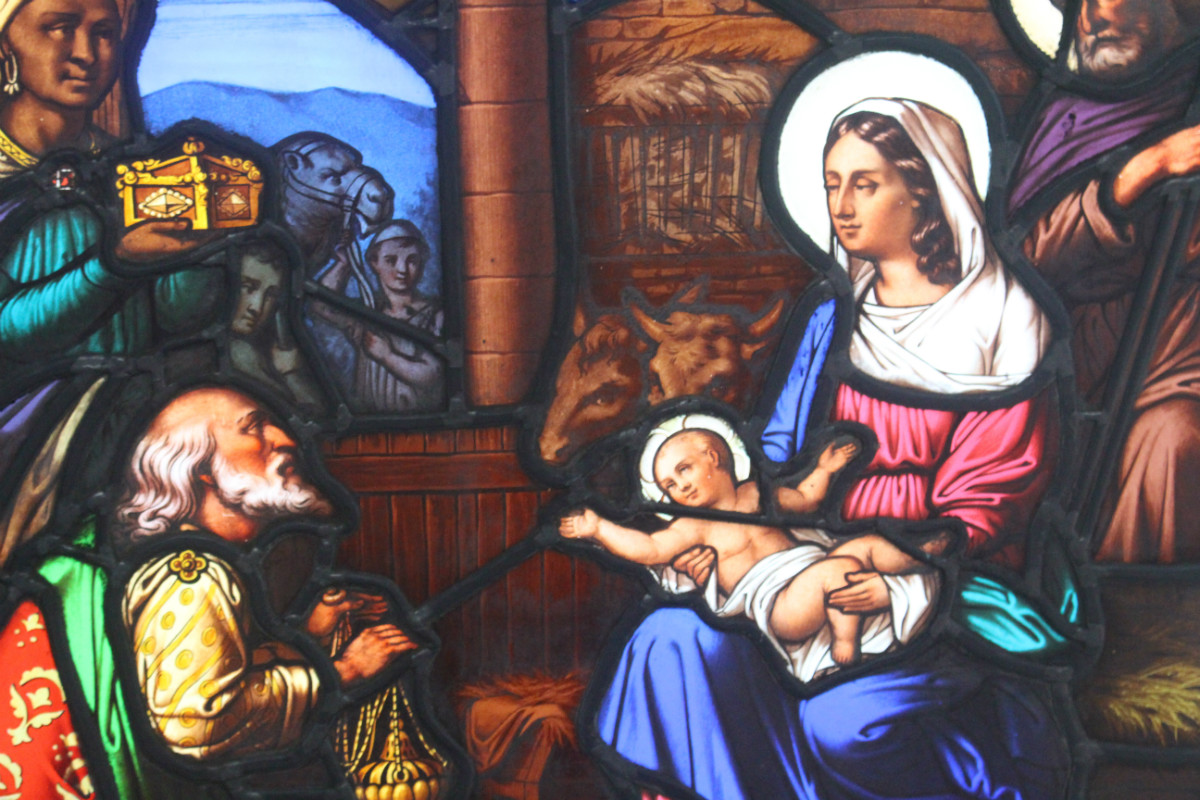 1 Gothic - style Stained Glass Window. Nativity Scene.