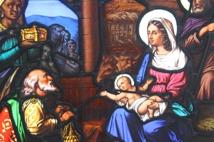 Stained Glass Window. Nativity Scene. style Gothic - style en glass, Belgium 19th century