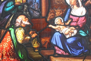 Stained Glass Window. Nativity Scene. style Gothic - style en glass, Belgium 19th century