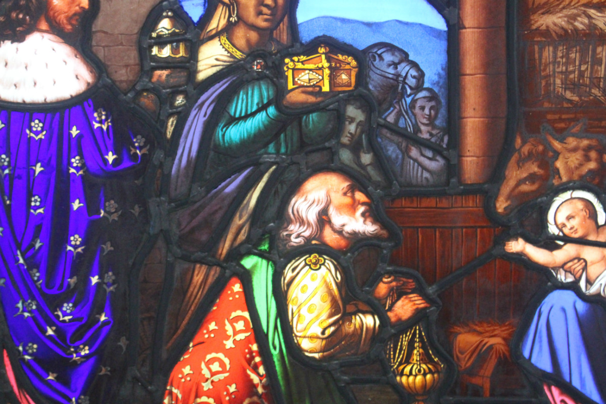 1 Gothic - style Stained Glass Window. Nativity Scene.