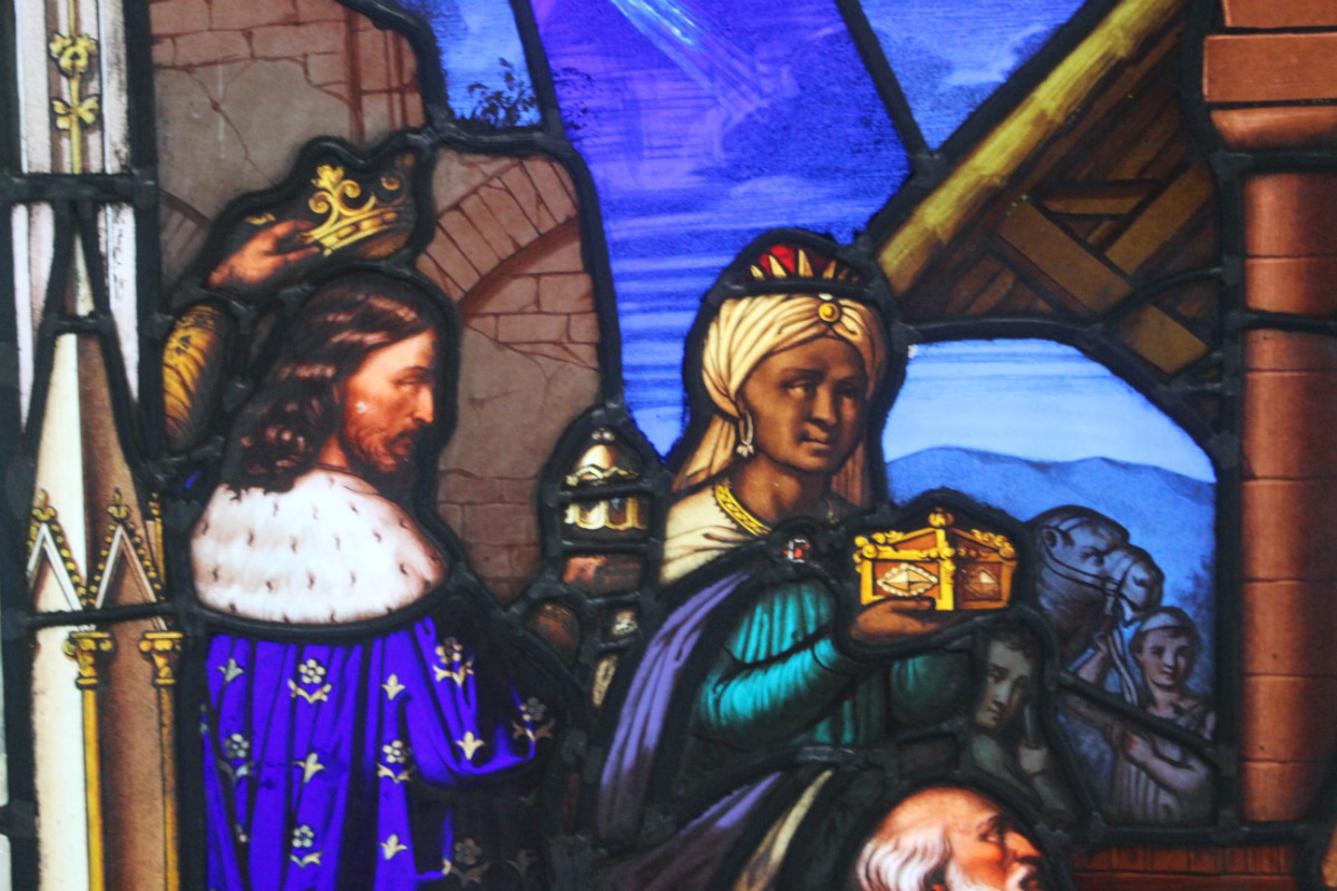 1 Gothic - style Stained Glass Window. Nativity Scene.